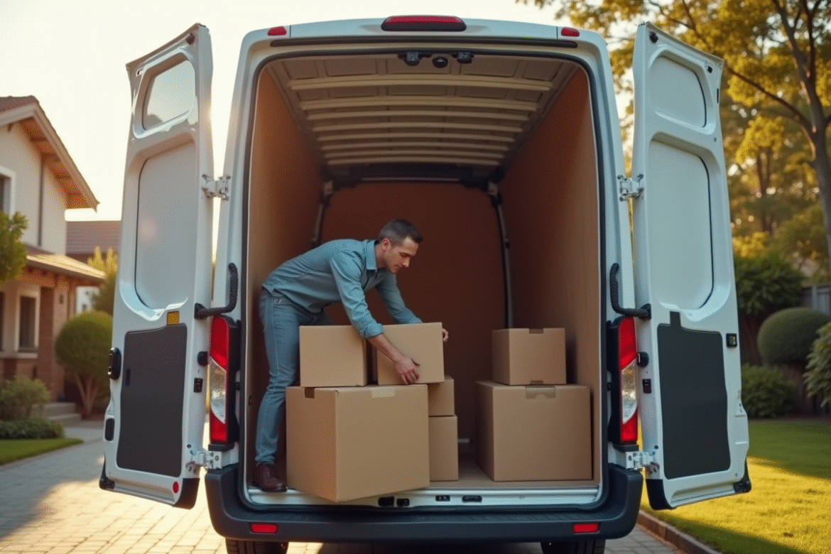 Personne chargeant des cartons dans un van propre ensoleille