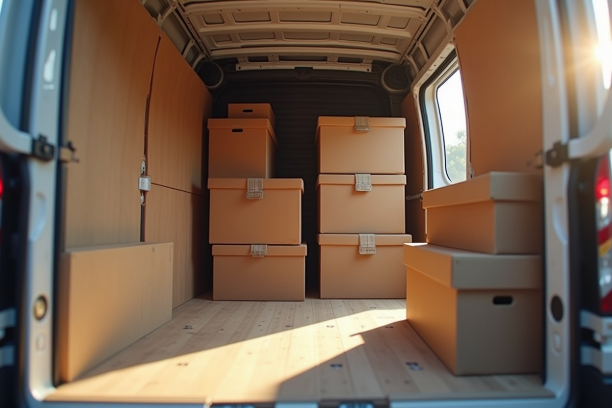 Intérieur bien organisé d un van avec meubles et cartons