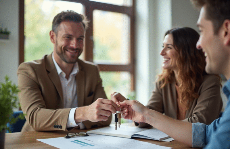 Agent immobilier remettant les clés à un jeune couple dans un appartement lumineux
