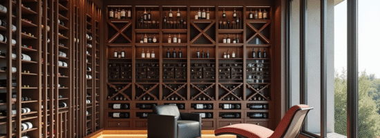 Cave à vin moderne avec étagères en bois et lumière naturelle