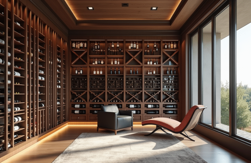 Cave à vin moderne avec étagères en bois et lumière naturelle