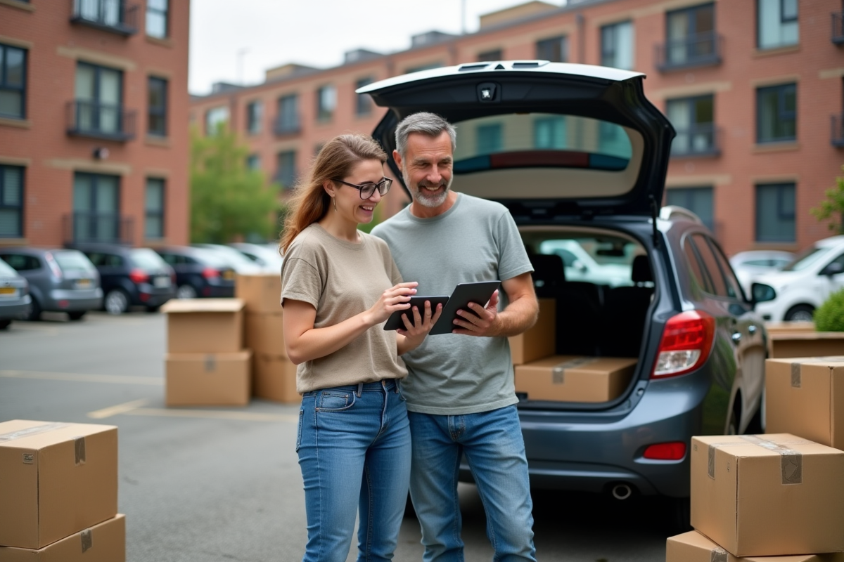 Couple souriant avec boîte de déménagement devant la voiture en ville