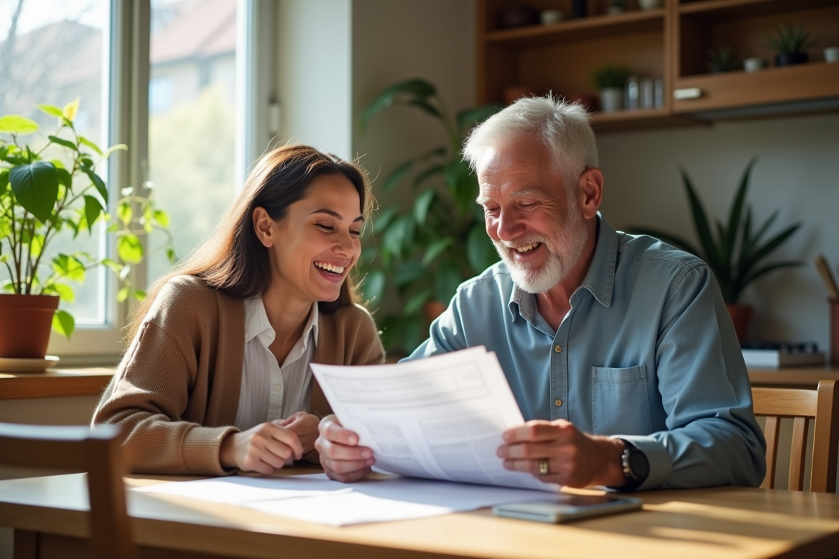 Couple souriant examinant des factures de taxes foncières à la maison