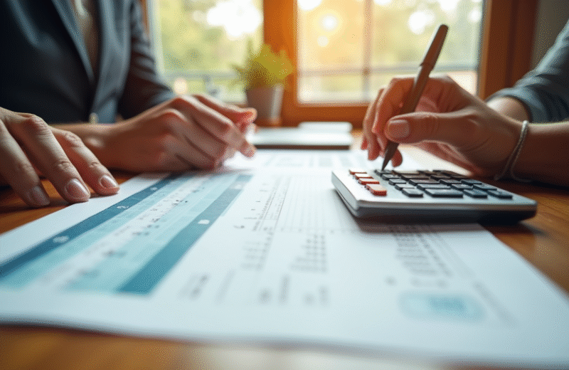 Mains tenant des documents immobiliers et calculatrice