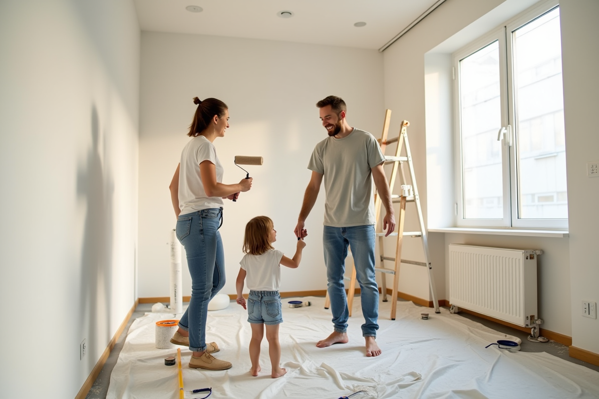 Famille peignant les murs ensemble dans une pièce lumineuse
