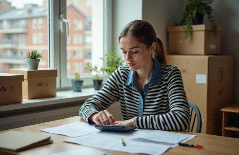 Jeune femme organisée avec papiers et calculatrice dans la cuisine