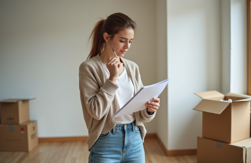 Femme vérifiant une liste de déménagement dans un salon lumineux