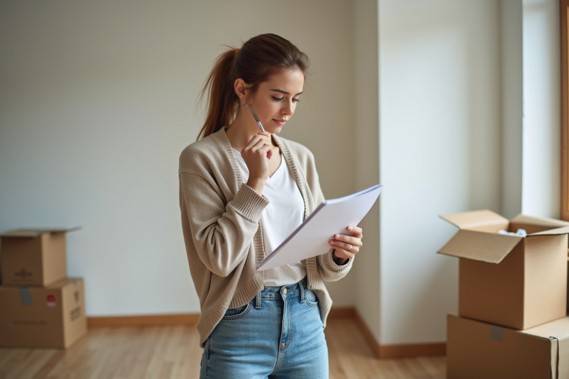 Femme vérifiant une liste de déménagement dans un salon lumineux