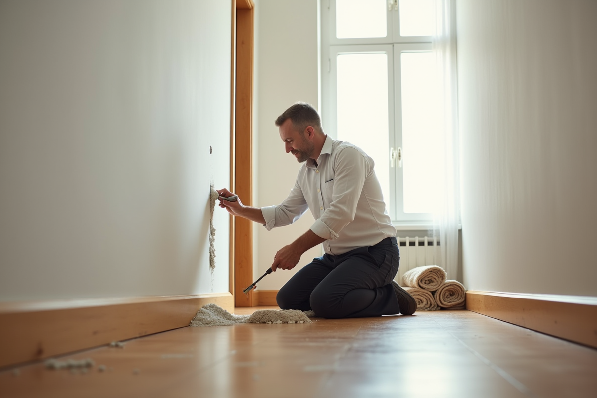 Homme réparant un trou dans un mur d