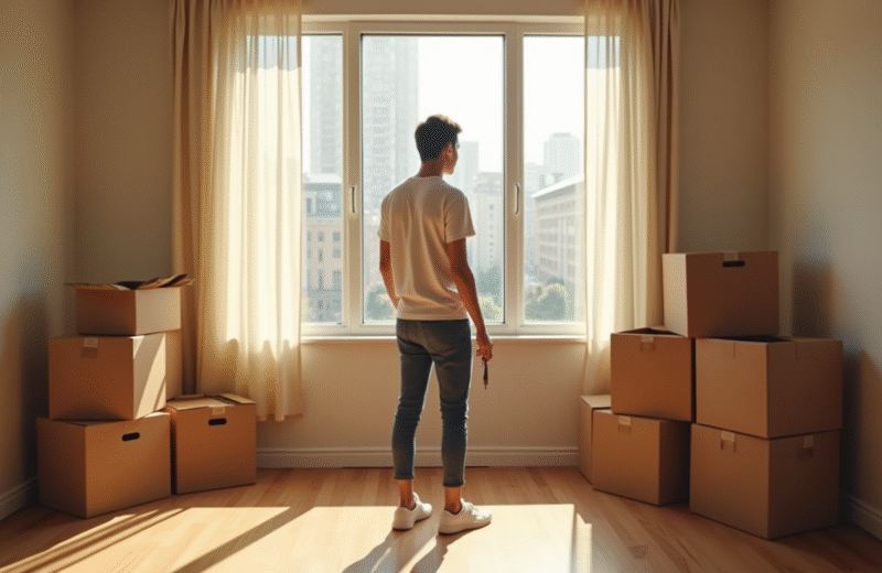 Jeune adulte dans un appartement lumineux tenant des clés et regardant des cartons