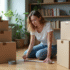 Jeune femme examine des cartons de déménagement dans un appartement