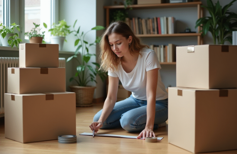 Jeune femme examine des cartons de déménagement dans un appartement