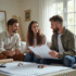 Jeune couple discutant de plans de renovation avec un entrepreneur dans un salon lumineux