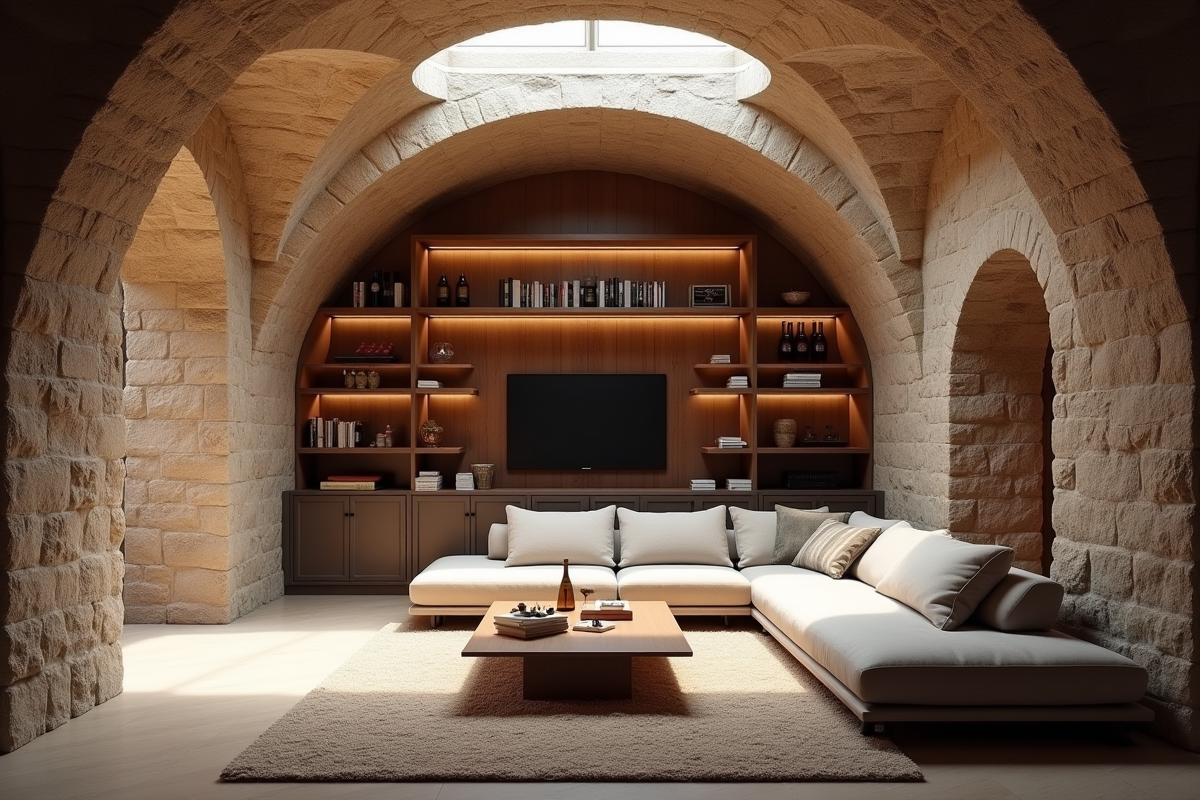 Salon cosy dans une cave à vin aménagée avec canapé et bibliothèque