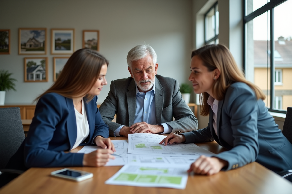 Agent immobilier discutant avec un couple dans un bureau