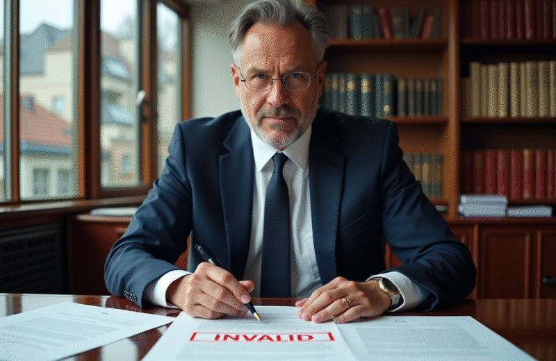 Avocat homme en costume devant des contrats invalides