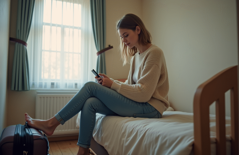 Jeune femme assise dans une chambre d'auberge en réfléchissant
