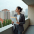 Femme d affaires sur balcon avec skyline urbain