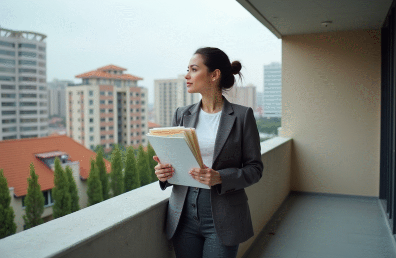 Femme d affaires sur balcon avec skyline urbain