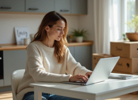 Femme assise à une table de cuisine en train de travailler sur son ordinateur
