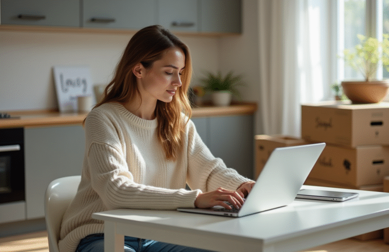 Femme assise à une table de cuisine en train de travailler sur son ordinateur