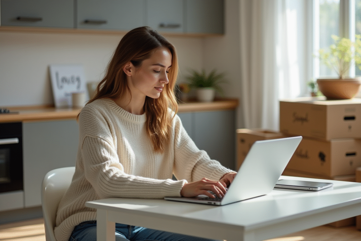 Femme assise à une table de cuisine en train de travailler sur son ordinateur