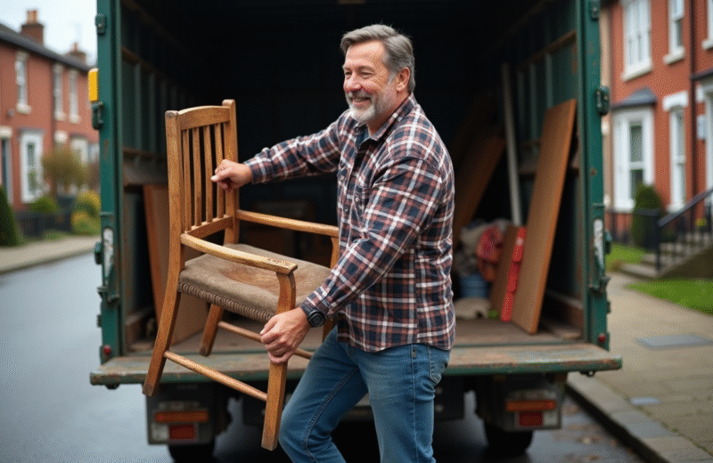 Homme en jeans et chemise à carreaux chargeant une chaise en bois dans un camion de recyclage urbain