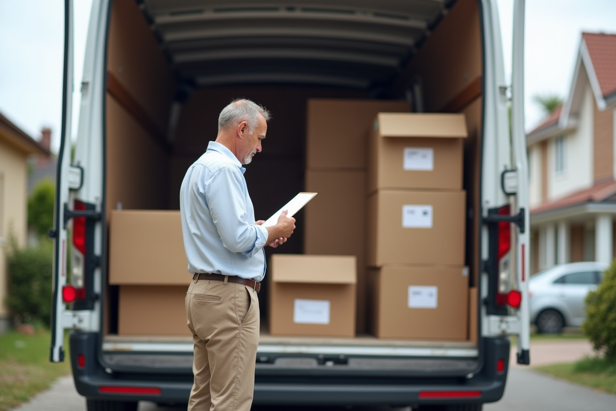 Homme vérifiant une liste de déménagement près d’un camion