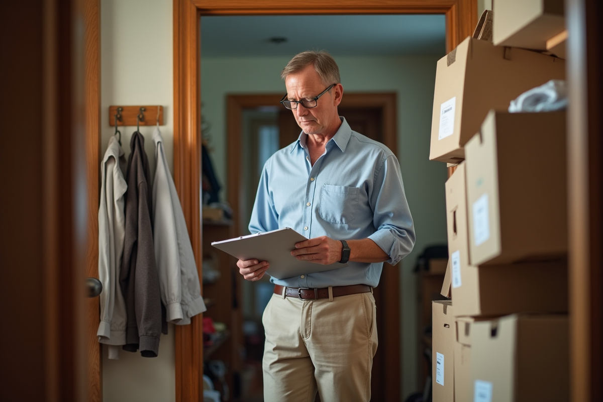 Homme vérifiant un planning dans un couloir organisé