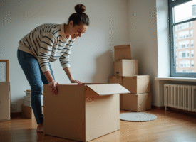 Jeune femme emballant une boîte dans un salon en transition