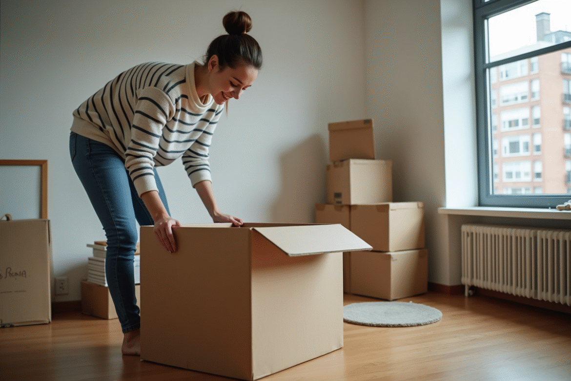 Jeune femme emballant une boîte dans un salon en transition