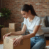 Jeune femme emballant des objets dans un appartement modeste