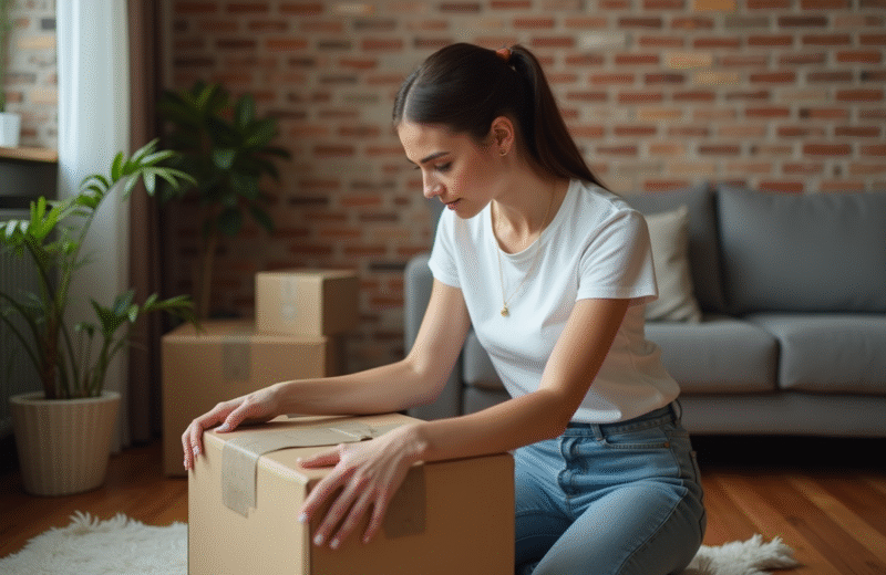 Jeune femme emballant des objets dans un appartement modeste