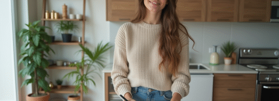 Jeune femme signant un contrat de location dans un appartement moderne