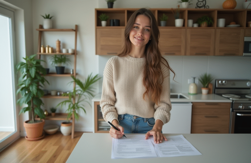 Jeune femme signant un contrat de location dans un appartement moderne