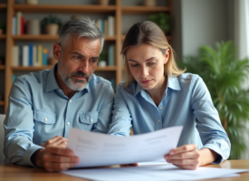 Couple d'adultes examinant des documents de prêt immobilier