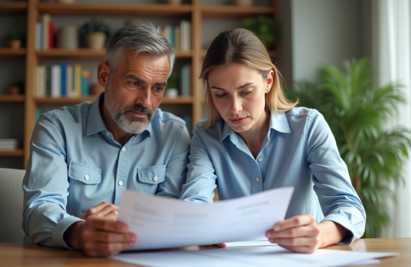 Couple d'adultes examinant des documents de prêt immobilier