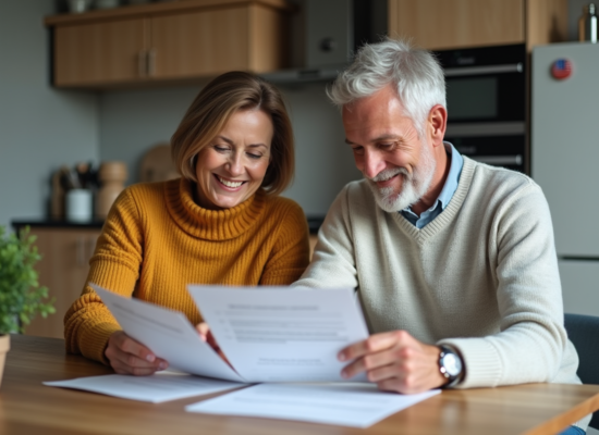 Couple de milieu d'âge lisant des documents de prêt à la maison