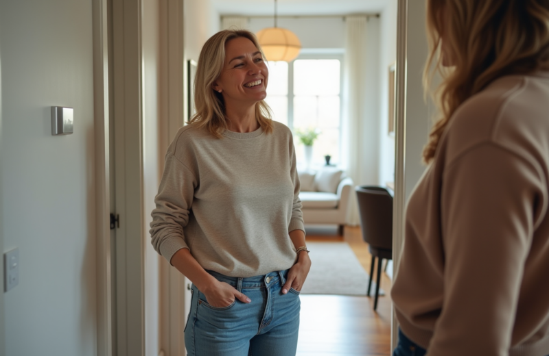 Femme souriante accueillant un invité dans un appartement moderne