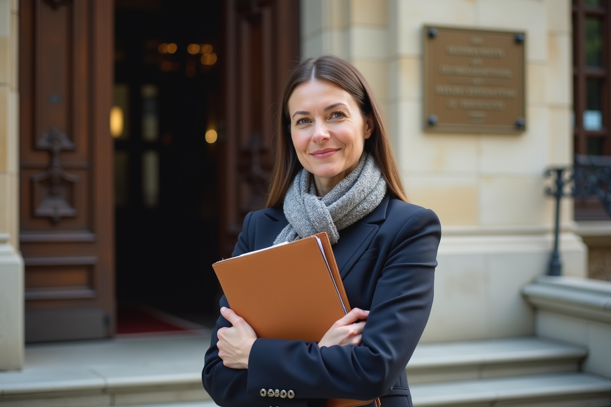 Femme française dehors devant un bâtiment officiel