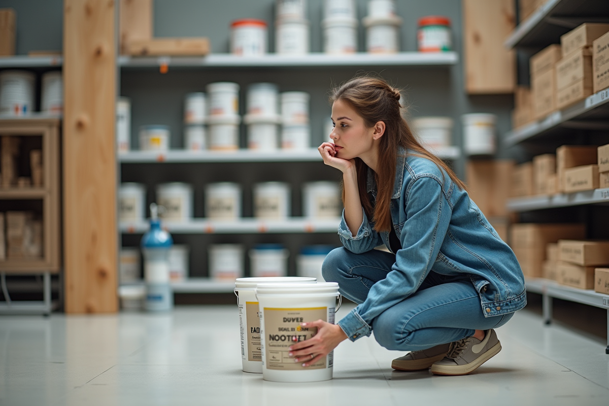 Jeune femme examinant des seaux de plâtre dans un magasin de bricolage moderne