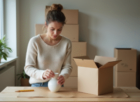 Femme emballant un vase en céramique dans un intérieur lumineux