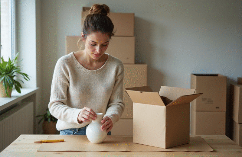 Femme emballant un vase en céramique dans un intérieur lumineux