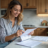 Femme souriante vérifiant ses factures dans une cuisine moderne