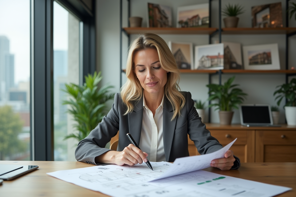 Femme professionnelle étudie plans dans bureau lumineux