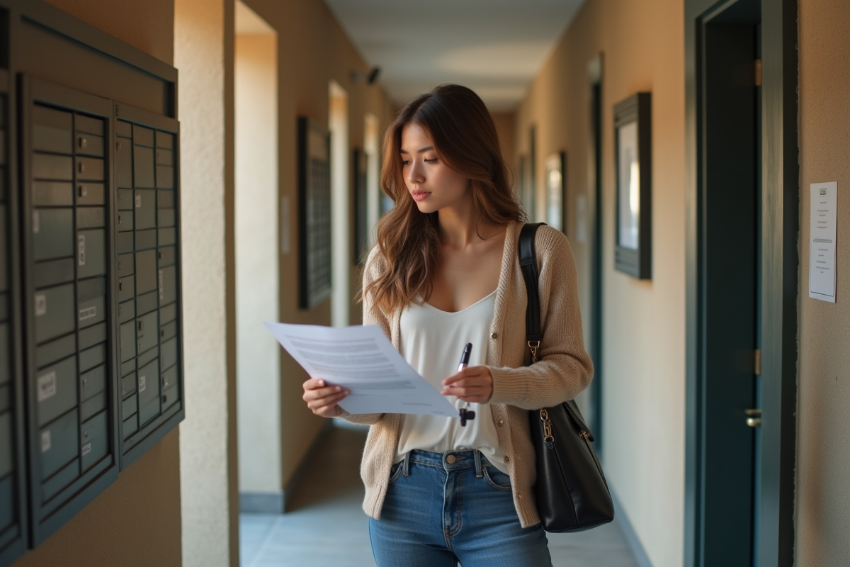 Jeune femme signe un contrat de location dans un couloir d