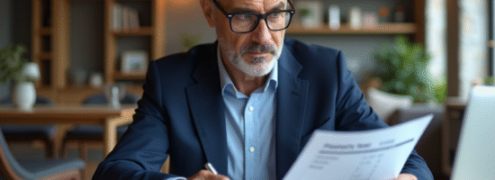Homme d'âge moyen en costume bleu examine une facture foncière