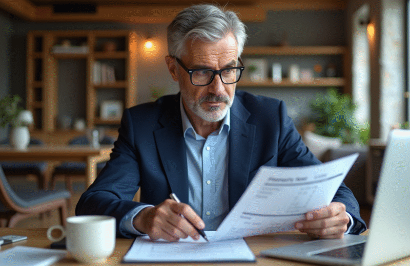 Homme d'âge moyen en costume bleu examine une facture foncière