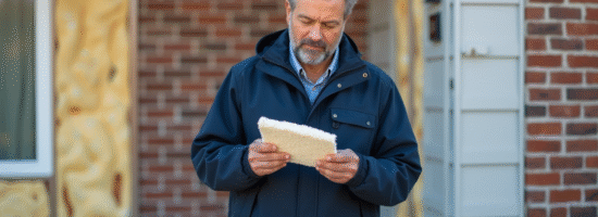 Homme examinant un isolant extérieur devant une maison