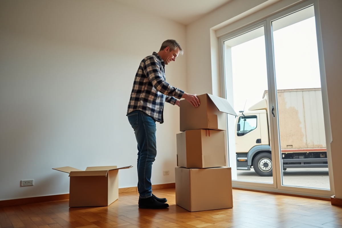 Homme empilant des cartons dans une pièce en transition